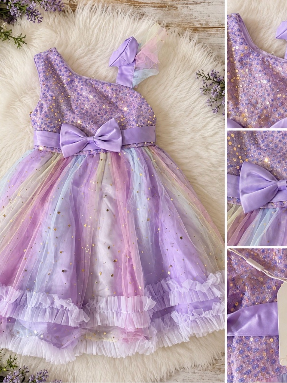 Lilac Sequin & Rainbow Tulle Girls' Formal Dress with Satin Bow
